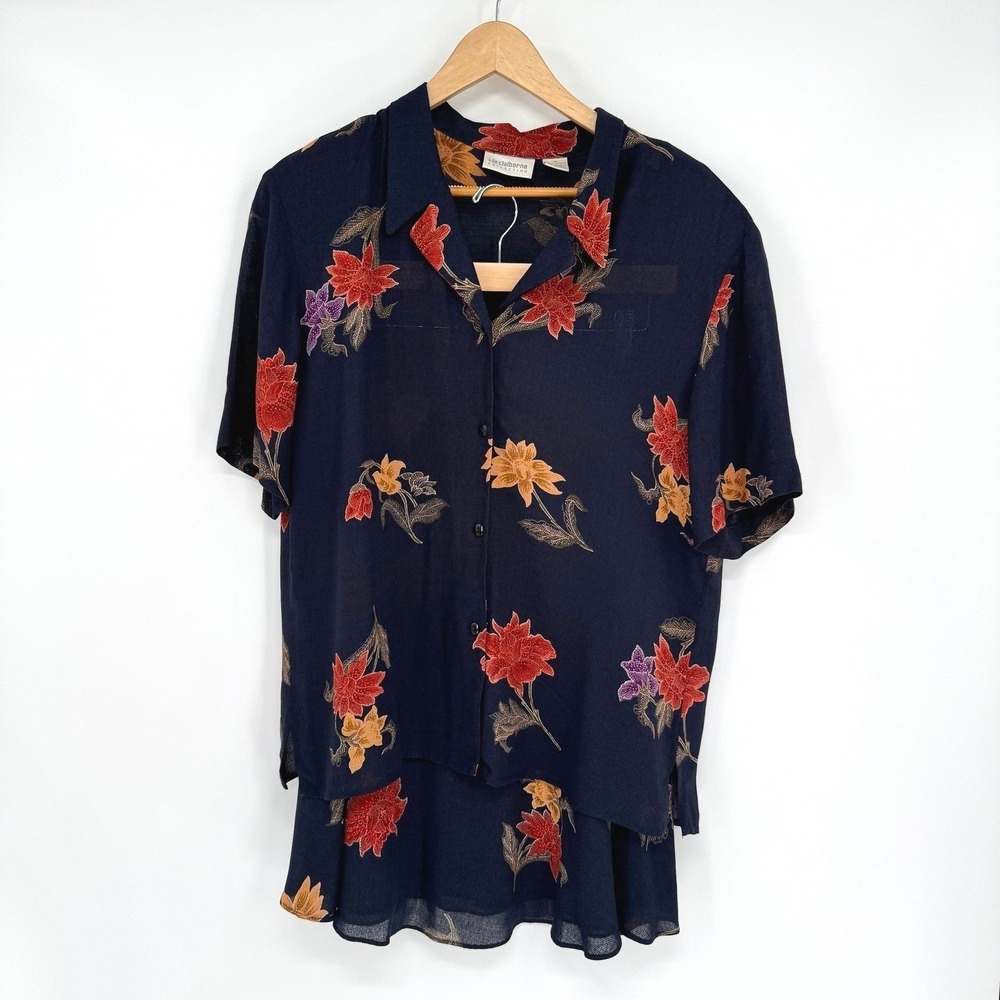 Liz Claiborne Navy Blue Floral A-Line Skirt/Blouse Set Women's Sz 14-16